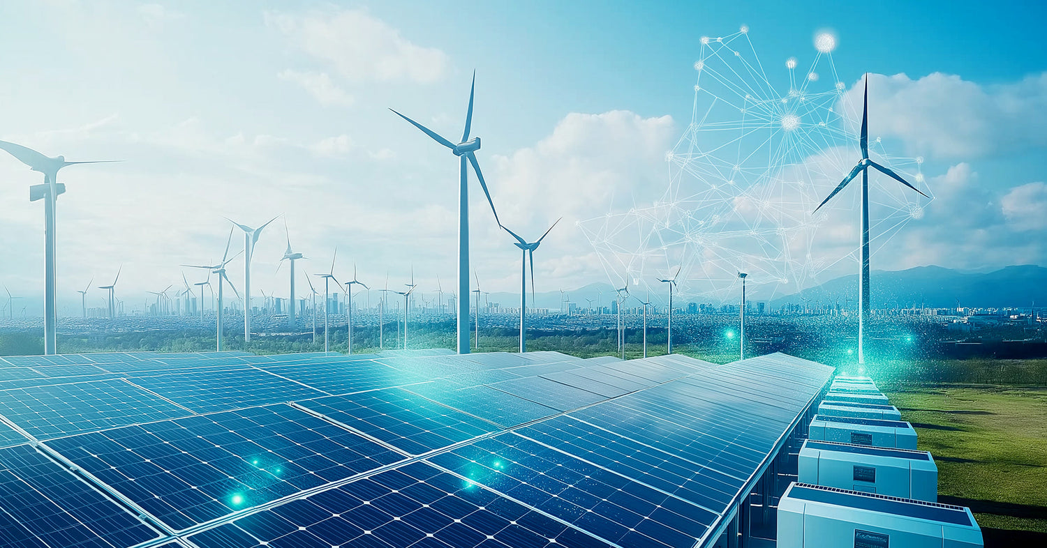 Solar panels and wind turbines integrated with a Battery Energy Storage System (BESS) to store and manage renewable energy efficiently.