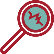 A magnifying glass icon with a lightning symbol inside, representing advanced monitoring and compliance management to ensure system security and stability.