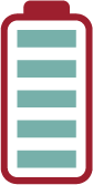 A red battery icon with full charge bars, symbolizing energy-efficient operation and low power consumption for improved energy utilization.