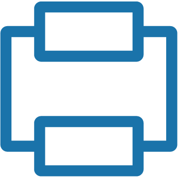 Blue icon featuring two interconnected rectangles, symbolizing the scalability and efficiency of an energy storage system. Represents the ability to expand capacity and optimize performance for various power needs.