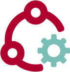 Icon of a connected network node with a gear, symbolizing versatile deployment options and flexible network configurations.