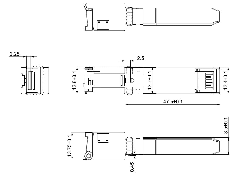Detailed dimension drawing of the Zutto ZT10SP-1 SFP transceiver, showcasing precise measurements of the connector and latch mechanism. The diagram includes top, side, and front views, highlighting dimensions such as 47.5mm length, 13.8mm width, and 8.5mm height. Key elements such as the module's latch and contact interface are also illustrated.