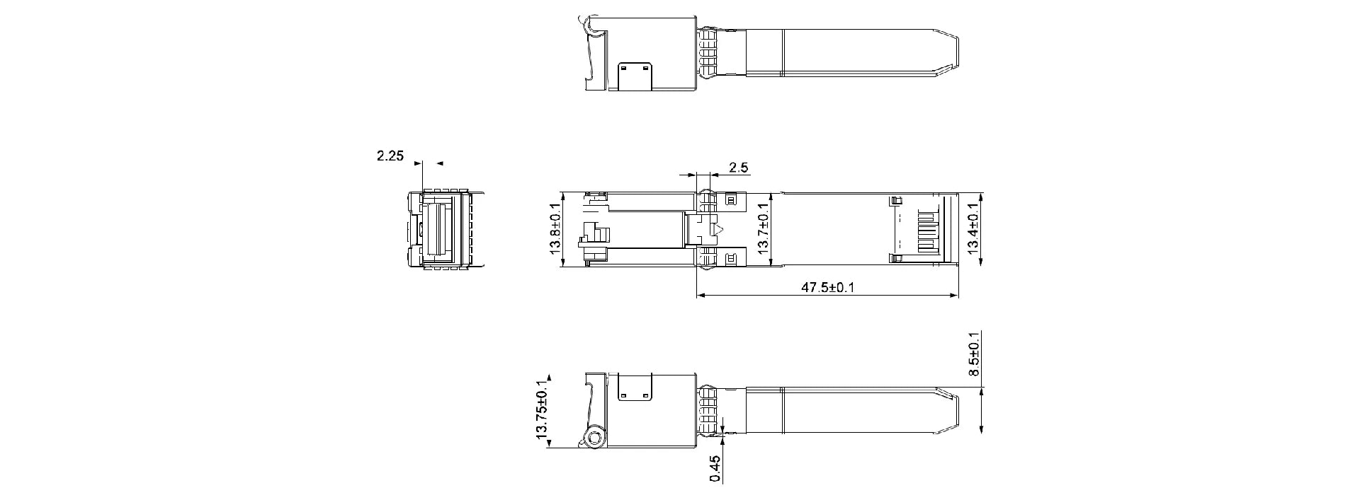 Detailed dimension drawing of the Zutto ZT10SP-1 SFP transceiver, showcasing precise measurements of the connector and latch mechanism. The diagram includes top, side, and front views, highlighting dimensions such as 47.5mm length, 13.8mm width, and 8.5mm height. Key elements such as the module's latch and contact interface are also illustrated.