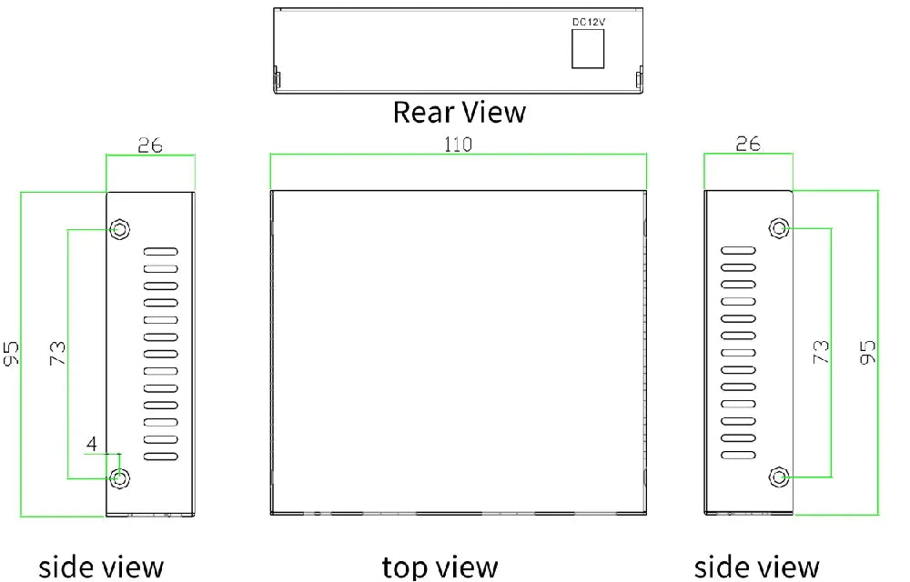 Dimensional diagram of the Zutto ZT10SPX-2F media converter. The top view displays the overall dimensions of 110mm x 95mm. The side views highlight the height of 26mm and ventilation slots. The rear view shows the DC 12V power input.