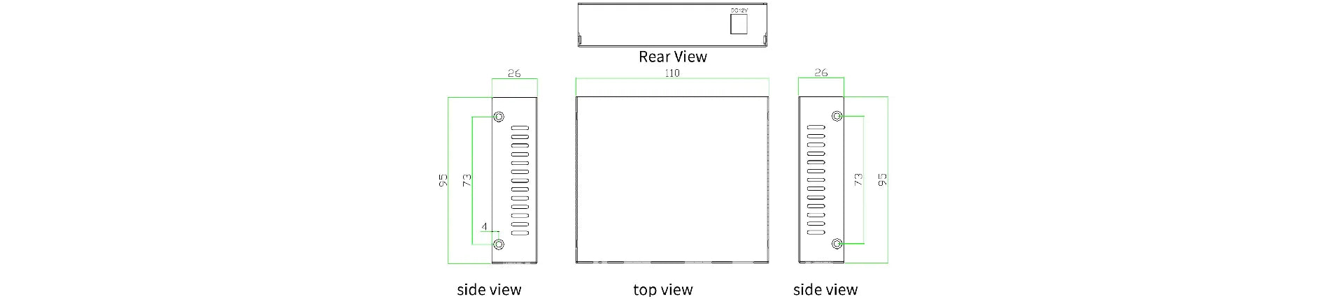 Dimensional diagram of the Zutto ZT10SPX-2F media converter. The top view displays the overall dimensions of 110mm x 95mm. The side views highlight the height of 26mm and ventilation slots. The rear view shows the DC 12V power input.