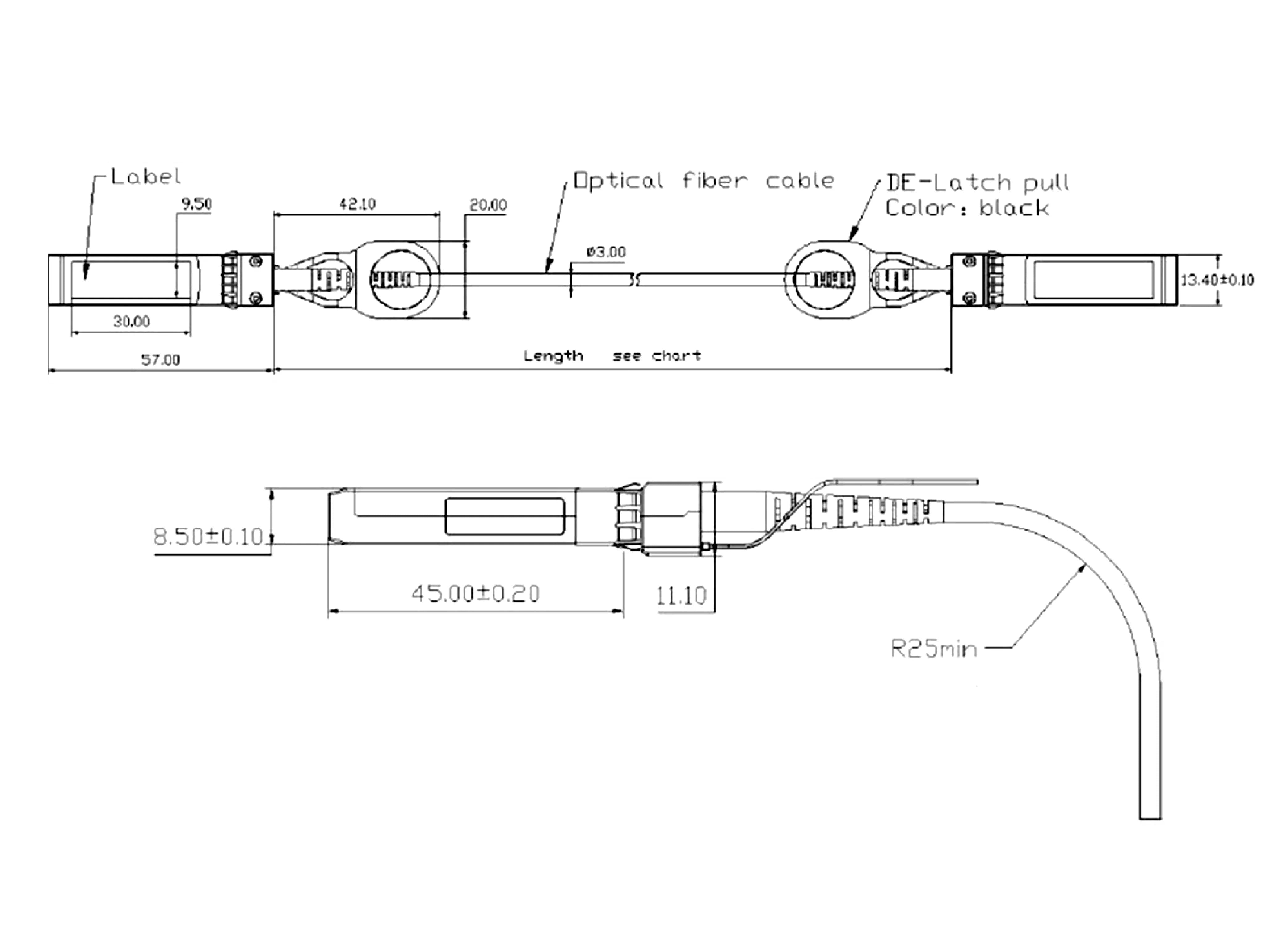Detailed technical diagram of the Zutto ZT10SPX-AOC001 10Gbps SFP+ Active Optical Cable, illustrating its overall dimensions, connector length, and fiber cable structure. The diagram includes measurements such as 57.00mm connector length, 42.10mm latch area, 3.00mm fiber diameter, and a minimum bending radius of 25mm. It highlights features like the DE-latch pull and labeling area.