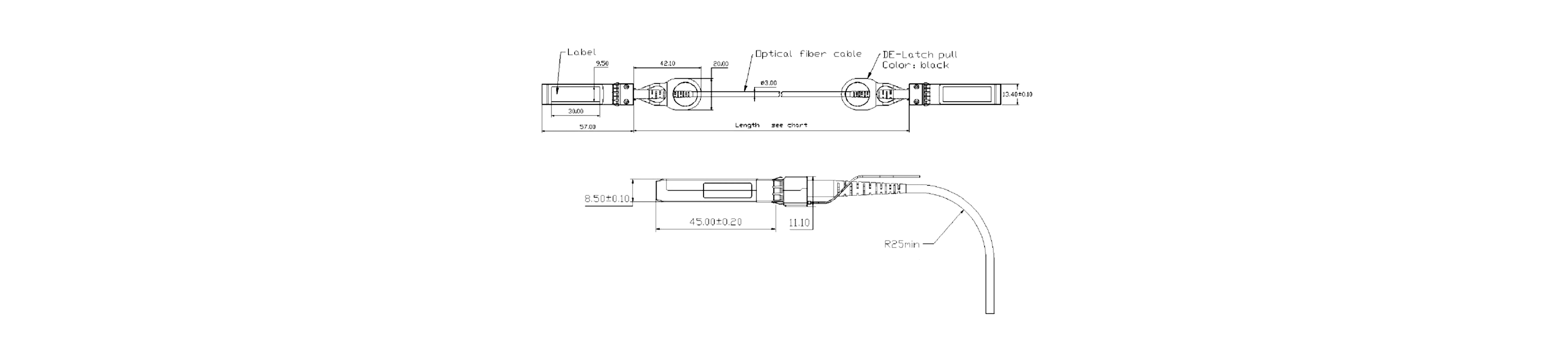 Detailed technical diagram of the Zutto ZT10SPX-AOC001 10Gbps SFP+ Active Optical Cable, illustrating its overall dimensions, connector length, and fiber cable structure. The diagram includes measurements such as 57.00mm connector length, 42.10mm latch area, 3.00mm fiber diameter, and a minimum bending radius of 25mm. It highlights features like the DE-latch pull and labeling area.