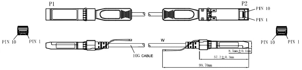 Detailed dimension diagram of the Zutto ZT10SPX-DAC001 10G SFP+ Direct Attach Passive Cable. The image highlights the P1 and P2 connector views with pin numbering, overall length measurements, and the 10G cable structure. It shows front, top, and side views with dimensions for accurate installation.