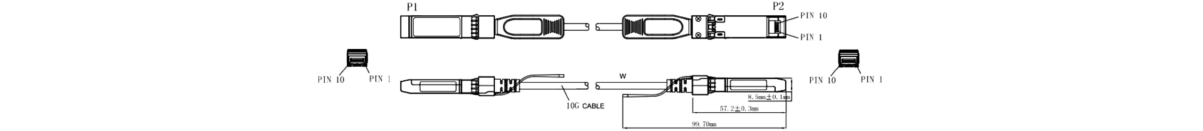 Detailed dimension diagram of the Zutto ZT10SPX-DAC001 10G SFP+ Direct Attach Passive Cable. The image highlights the P1 and P2 connector views with pin numbering, overall length measurements, and the 10G cable structure. It shows front, top, and side views with dimensions for accurate installation.