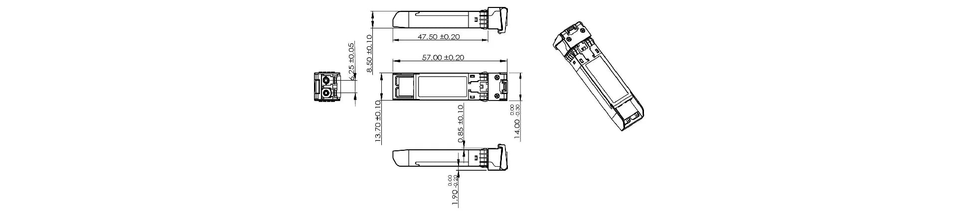 SFP+ optical transceiver module dimension diagram showing length (57.00mm), width (13.70mm), and height (8.50mm), including front, side, top, and isometric views, intended for mechanical design reference in optical communication equipment.