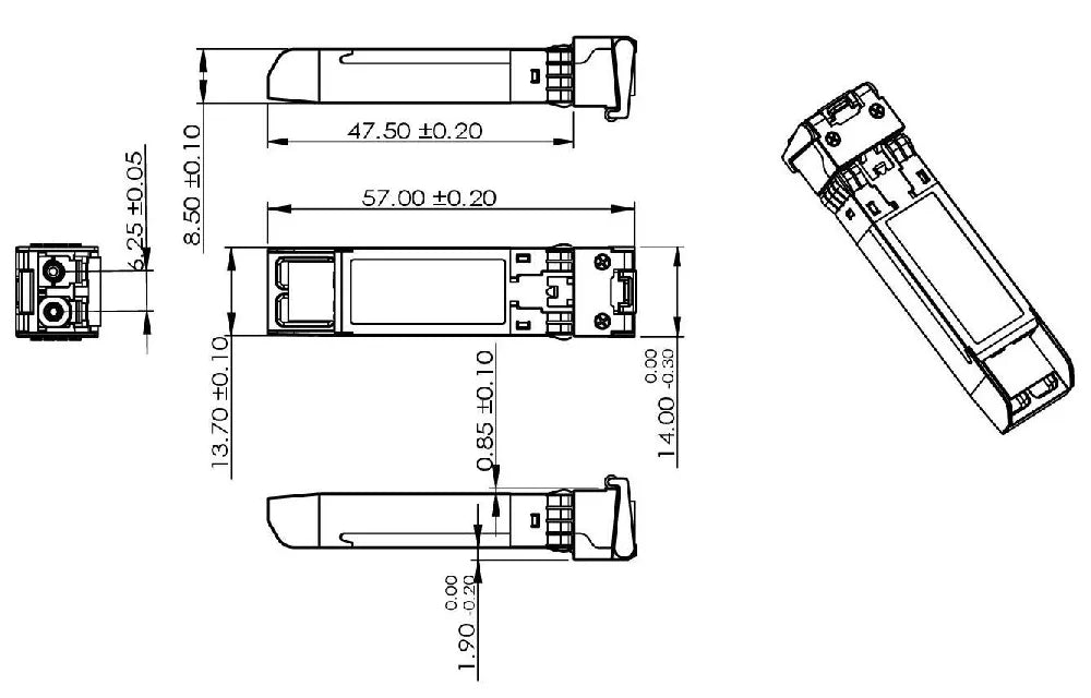 Dimensional diagram of the Zutto ZT10SPX-ER001 10G SFP+ Optical Transceiver. The diagram illustrates detailed measurements of the transceiver’s length, width, and height, along with front, side, top, and angled views. It includes precise dimensions for LC connectors and pin alignment for seamless integration.