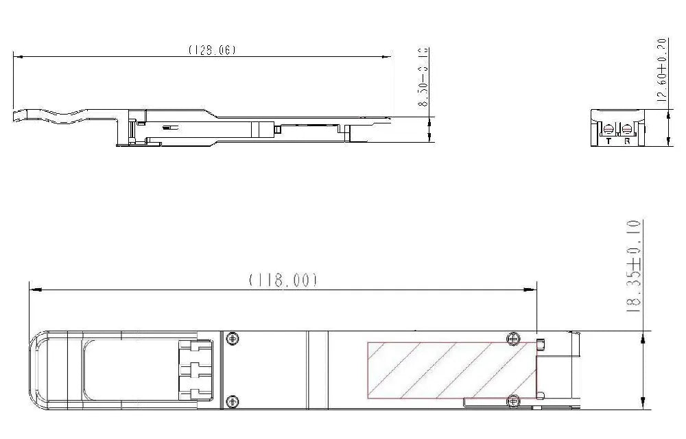 Dimensional drawing of the Zutto ZT200QSPX 200G QSFP56 optical transceiver. The diagram shows the top, side, and rear views with detailed dimensions, including the overall length of 128.06 mm, width of 18.35 mm, and height of 8.50 mm. Pin configuration and latch mechanism are also highlighted for precise assembly and installation.