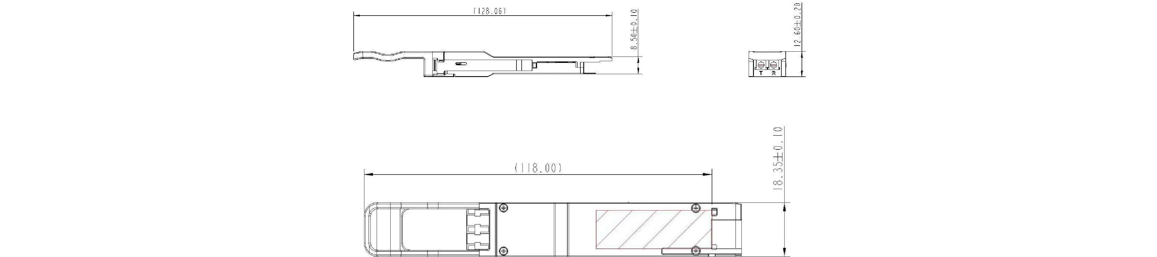 Dimensional drawing of the Zutto ZT200QSPX 200G QSFP56 optical transceiver. The diagram shows the top, side, and rear views with detailed dimensions, including the overall length of 128.06 mm, width of 18.35 mm, and height of 8.50 mm. Pin configuration and latch mechanism are also highlighted for precise assembly and installation.