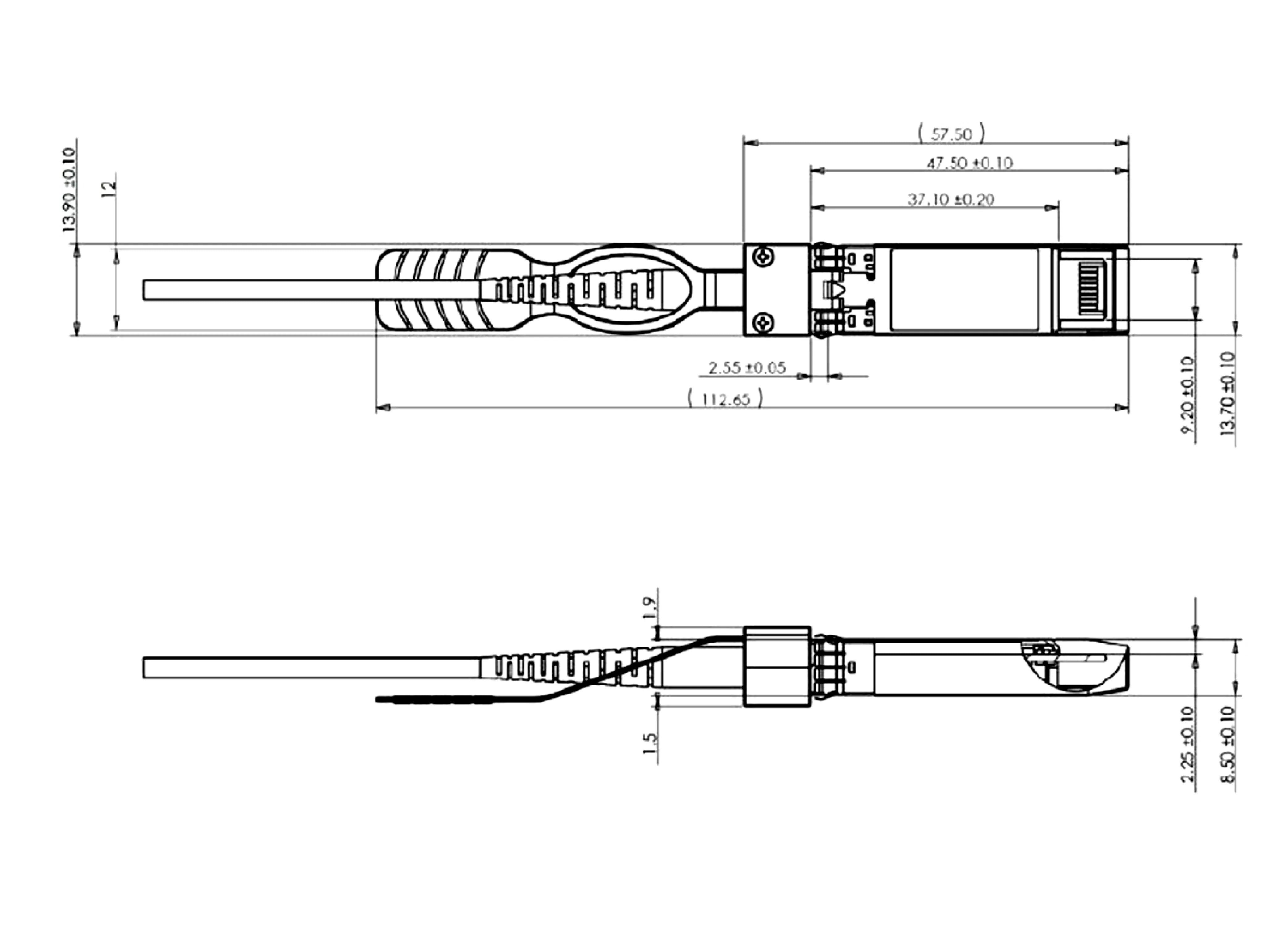 Detailed technical drawing of the Zutto ZT25SP28-AOC001 25G SFP28 Active Optical Cable, showing dimensions and structural details of the connector and fiber cable. The diagram highlights key measurements such as 112.65mm total length, 57.50mm connector length, and 13.20mm width. It also includes annotations for latch mechanism and fiber strain relief, ensuring a clear view of its physical attributes.