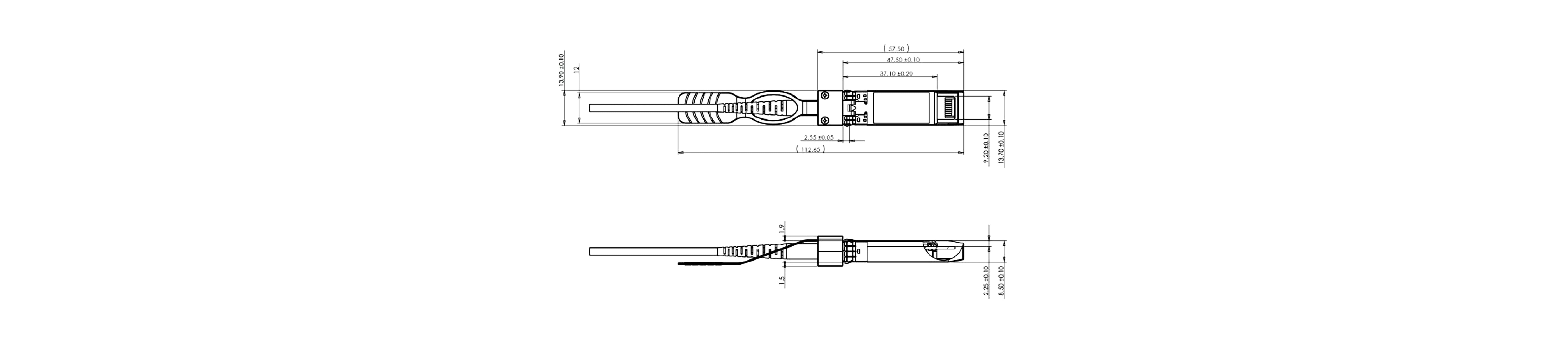 Detailed technical drawing of the Zutto ZT25SP28-AOC001 25G SFP28 Active Optical Cable, showing dimensions and structural details of the connector and fiber cable. The diagram highlights key measurements such as 112.65mm total length, 57.50mm connector length, and 13.20mm width. It also includes annotations for latch mechanism and fiber strain relief, ensuring a clear view of its physical attributes.