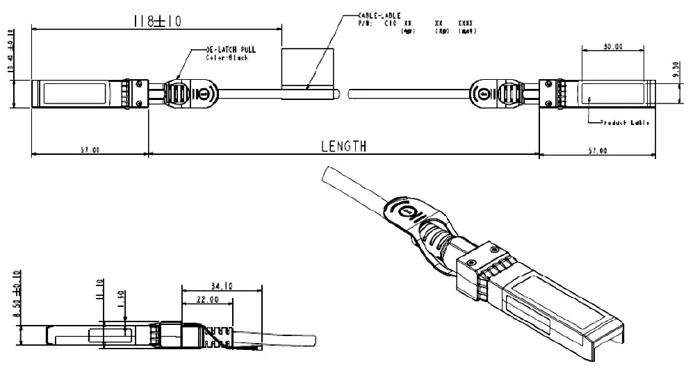 Dimensional layout of the Zutto ZT25SP28-DAC001 25G SFP28 Direct Attach Passive Cable. This diagram displays the overall length, DE-latch pull mechanism, and connector details with side, top, and angled views. It includes pin definitions and precise measurements for compatibility assurance.