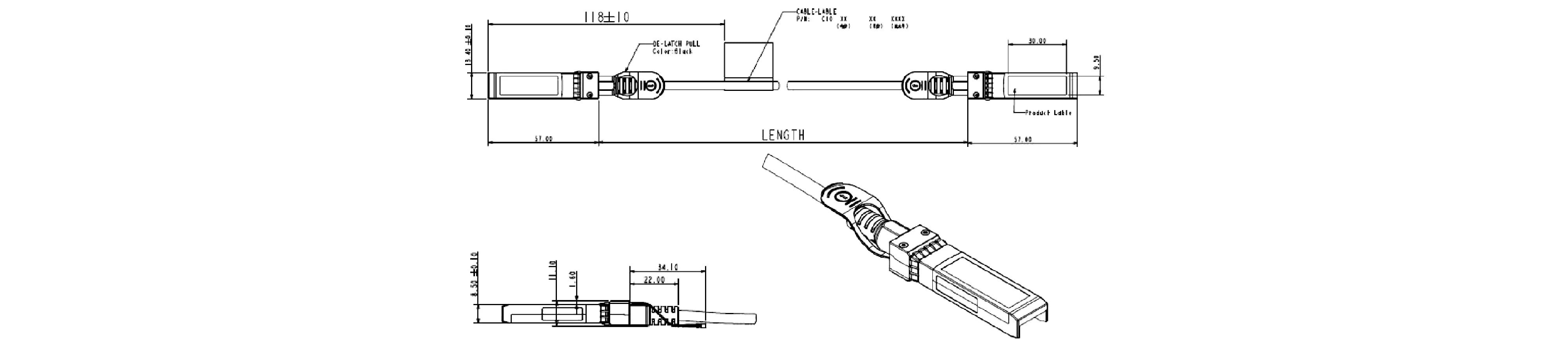 Dimensional layout of the Zutto ZT25SP28-DAC001 25G SFP28 Direct Attach Passive Cable. This diagram displays the overall length, DE-latch pull mechanism, and connector details with side, top, and angled views. It includes pin definitions and precise measurements for compatibility assurance.