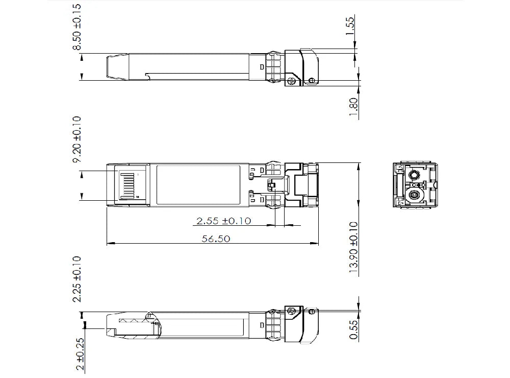 Dimensional drawing of ZT25SP28 25G SFP28 Optical Transceiver Module, showing detailed length, width, and height measurements with accurate pin layout and connector placement for easy integration into network equipment.