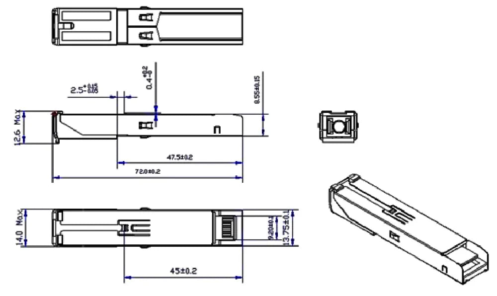ZTSPGN-ONU20B1001 GPON ONU Stick SFP transceiver technical diagram showcasing multiple views including front, side, and top dimensions. It features an LC/UPC connector, compact design, and a hot-pluggable SFP form factor for high-speed fiber-to-the-home (FTTH) and fiber-to-the-premises (FTTP) applications.