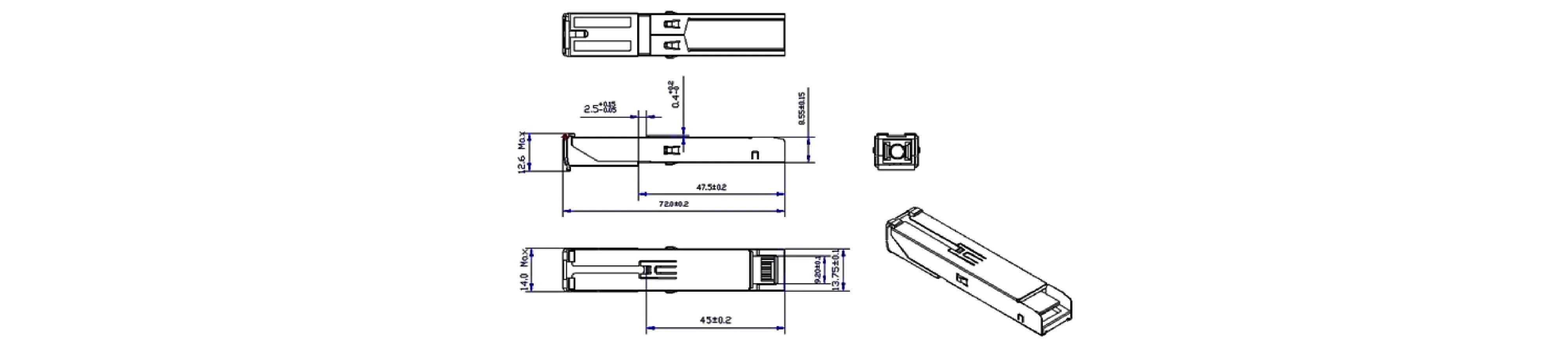 ZTSPGN-ONU20B1001 GPON ONU Stick SFP transceiver technical diagram showcasing multiple views including front, side, and top dimensions. It features an LC/UPC connector, compact design, and a hot-pluggable SFP form factor for high-speed fiber-to-the-home (FTTH) and fiber-to-the-premises (FTTP) applications.