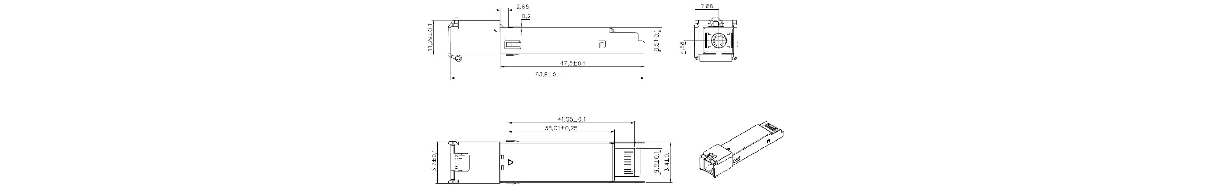 ZTSPGN-ONU25B1001 GPON ONU SFP transceiver technical diagram displaying multiple perspectives including top, side, and front views with precise dimensions. Designed with an LC/UPC connector, it supports high-speed GPON applications in FTTH/FTTP networks and provides seamless integration with optical network terminals (ONTs).
