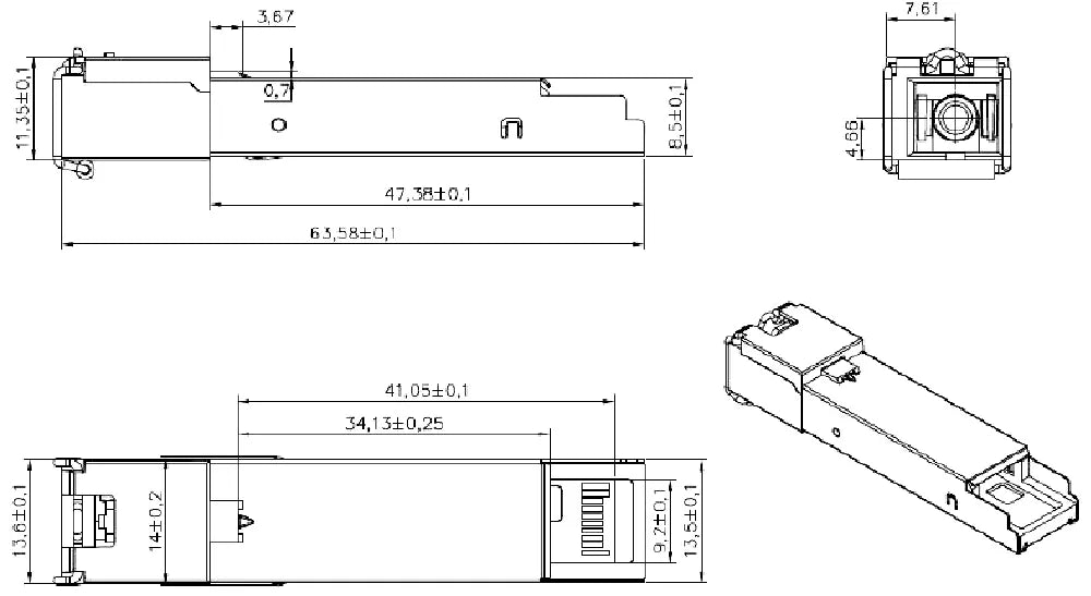 ZUTTO ZTSPGN-P20X1/X2/X3001 GEPON OLT SFP transceiver technical diagram showcasing front, side, and top views with accurate dimensions. It features an LC/UPC connector, hot-pluggable SFP form factor, and supports high-speed gigabit passive optical network (GEPON) deployments in FTTH and FTTP applications.