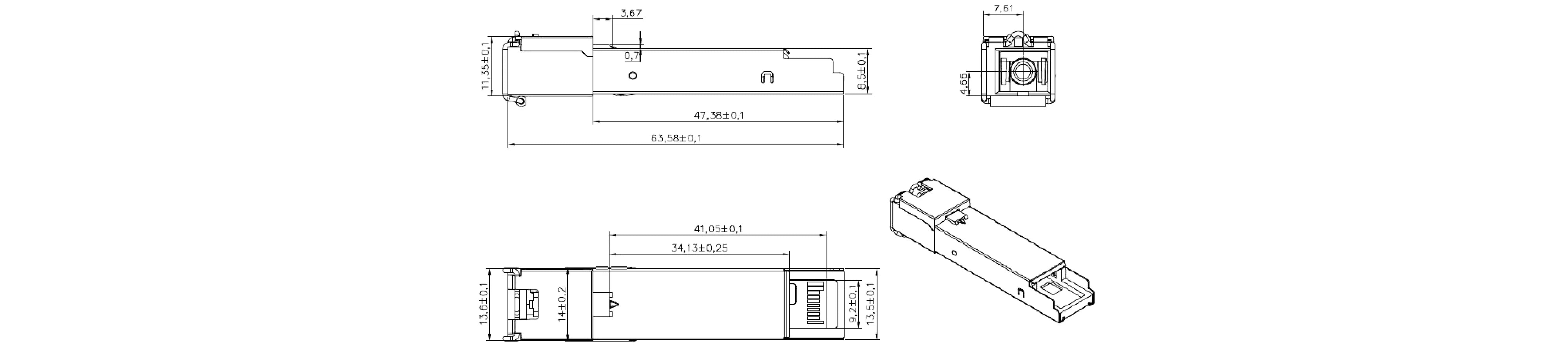 ZUTTO ZTSPGN-P20X1/X2/X3001 GEPON OLT SFP transceiver technical diagram showcasing front, side, and top views with accurate dimensions. It features an LC/UPC connector, hot-pluggable SFP form factor, and supports high-speed gigabit passive optical network (GEPON) deployments in FTTH and FTTP applications.