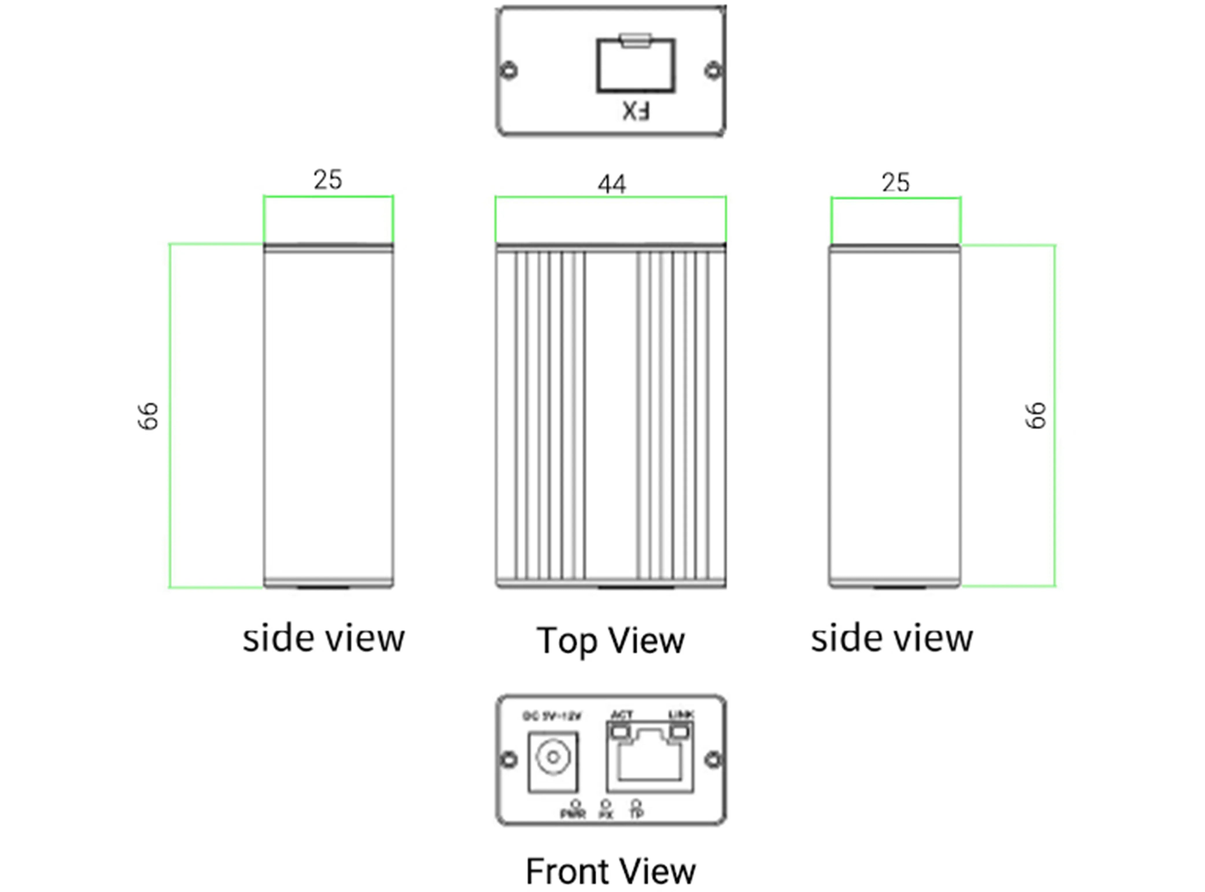 ZT1GE-1F1E003 Mini Gigabit Media Converter dimensions diagram, showing 66mm x 25mm side view, 44mm x 66mm top view, and front view with TX/RX ports for seamless Ethernet-to-fiber conversion, ideal for industrial and enterprise networks