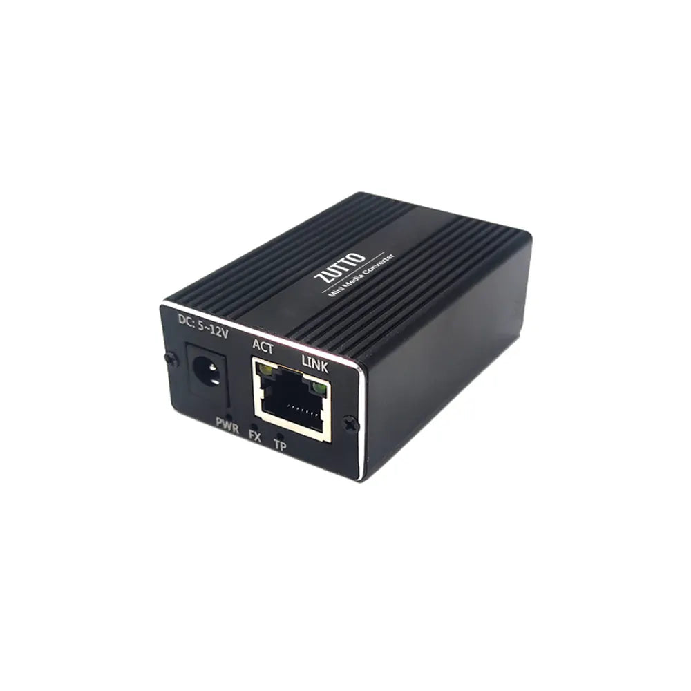 ZT1GE-1F1E003 Mini Gigabit Media Converter with Realtek carrier-grade chipset, featuring SFP port for fiber input, RJ45 Ethernet output, and DC 5-12V power input, ideal for security surveillance, wireless coverage, and smart city applications