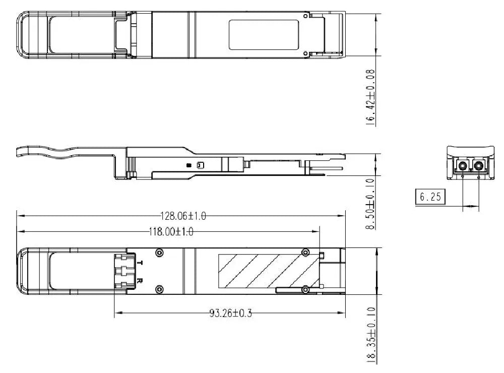 Zutto ZTQ400QSPX-FR4001 400Gbps QSFP-DD FR4 optical transceiver with detailed dimensions and LC duplex interface. Supports up to 2km transmission on single-mode fiber for high-speed data center and telecom applications.