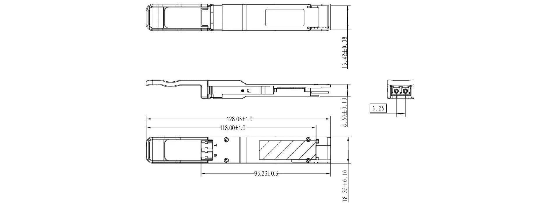 Zutto ZTQ400QSPX-FR4001 400Gbps QSFP-DD FR4 optical transceiver with detailed dimensions and LC duplex interface. Supports up to 2km transmission on single-mode fiber for high-speed data center and telecom applications.