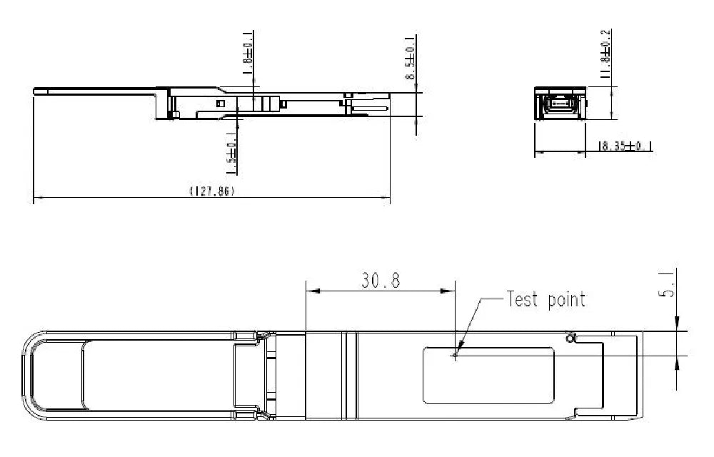 Zutto ZTQ400QSPX-SR8001 400Gbps QSFP-DD SR8 optical transceiver with detailed dimension and test point specifications. Supports up to 150m on OM5 multimode fiber for high-bandwidth data center applications.