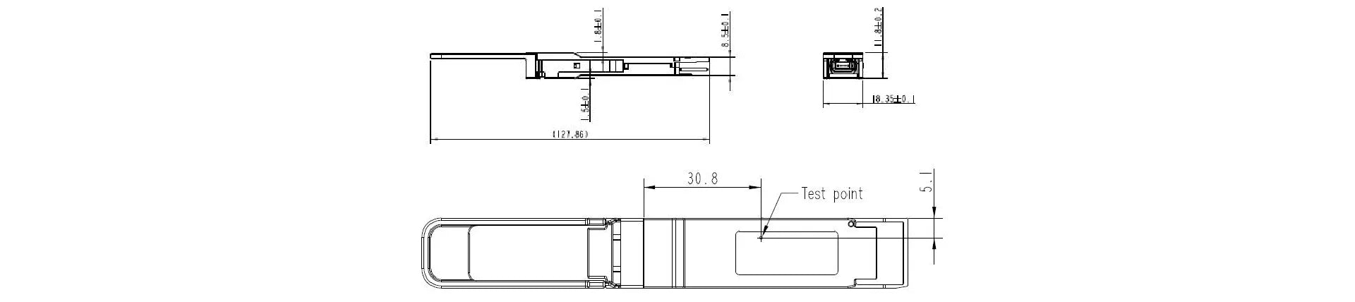 Zutto ZTQ400QSPX-SR8001 400Gbps QSFP-DD SR8 optical transceiver with detailed dimension and test point specifications. Supports up to 150m on OM5 multimode fiber for high-bandwidth data center applications.