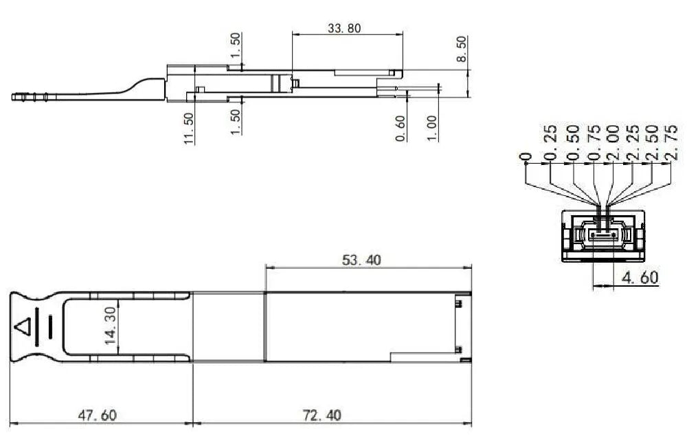 Detailed dimension and specification diagram of Zutto ZT40QSPX-100M001 40Gbps QSFP+ transceiver with MTP/MPO connector and 4-channel full-duplex transmission. Suitable for up to 100m on OM3 and 150m on OM4 multimode fiber.