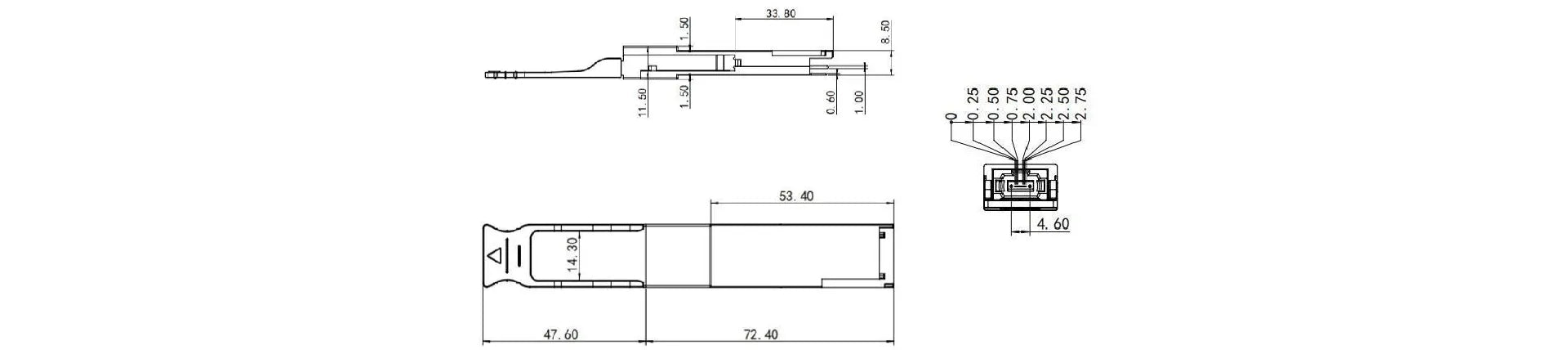 Detailed dimension and specification diagram of Zutto ZT40QSPX-100M001 40Gbps QSFP+ transceiver with MTP/MPO connector and 4-channel full-duplex transmission. Suitable for up to 100m on OM3 and 150m on OM4 multimode fiber.