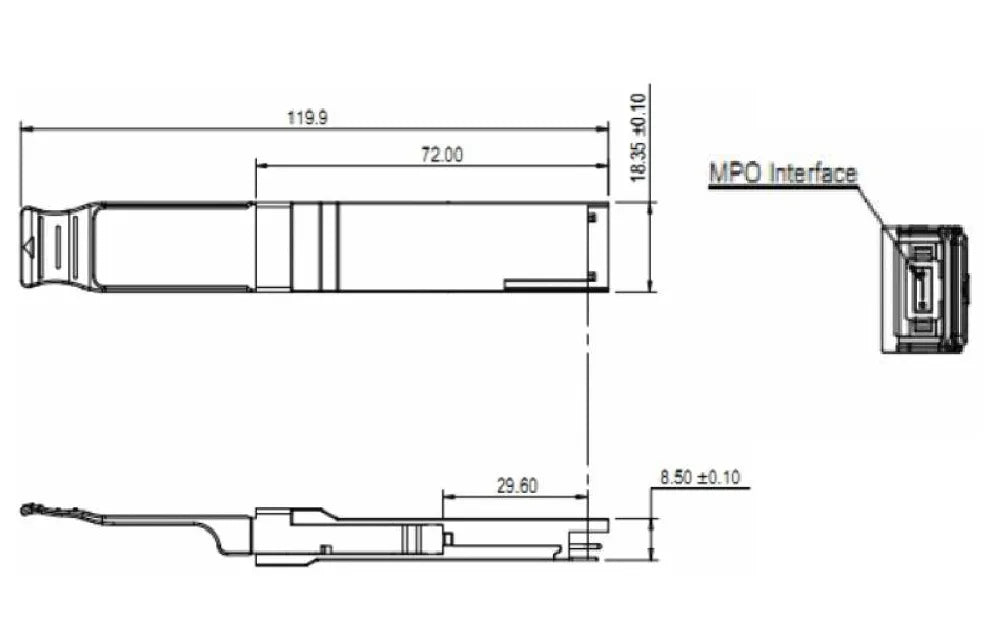 Zutto ZT40QSPX-100M001 40Gbps QSFP+ transceiver with MTP/MPO interface, showing detailed dimensions and structure. Ideal for high-speed data center and metro network applications over OM3 and OM4 multimode fiber.