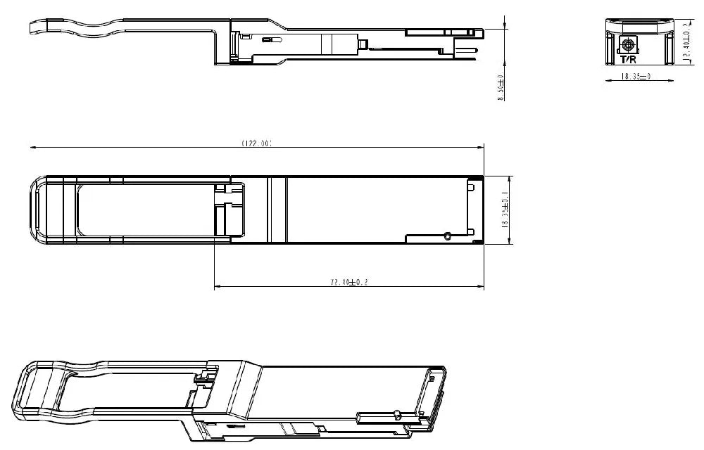 Zutto ZT50QSP28-LR-BiDi001
/002 50GBASE-LR BiDi QSFP28 optical transceiver with single LC duplex connector, showing detailed dimensions and technical specifications. Ideal for 10km transmission over single-mode fiber.