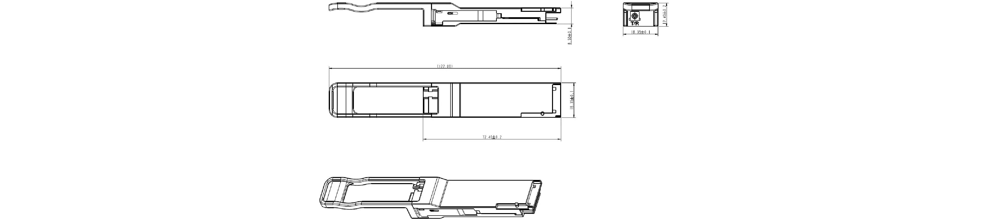 Zutto ZT50QSP28-LR-BiDi001
/002 50GBASE-LR BiDi QSFP28 optical transceiver with single LC duplex connector, showing detailed dimensions and technical specifications. Ideal for 10km transmission over single-mode fiber.