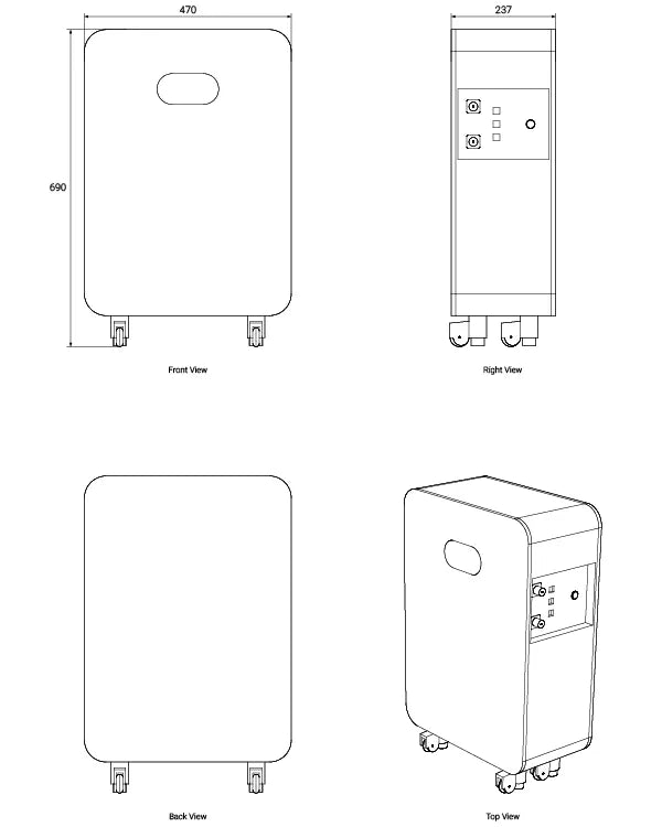 Technical drawing of the Zutto LifeGrid02 energy storage system, including front view, side view, and structural details, showing dimensions and interface layout.