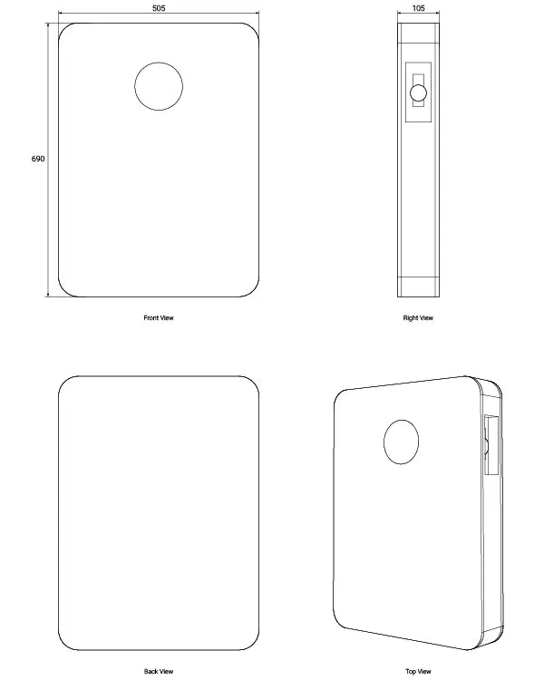 Technical drawing of the Zutto LifeGrid03 energy storage system, including front view, side view, and structural details, showing dimensions and interface layout.