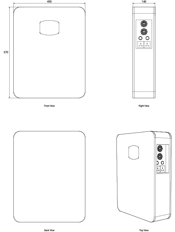 Technical drawing of the Zutto LifeGrid03 energy storage system, including front view, side view, and structural details, showing dimensions and interface layout.