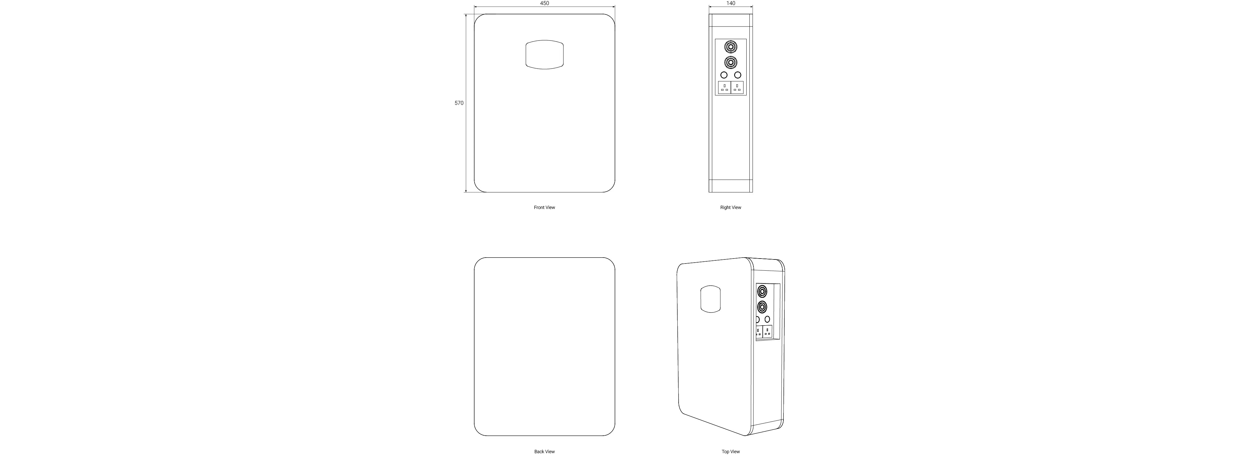 Technical drawing of the Zutto LifeGrid03 energy storage system, including front view, side view, and structural details, showing dimensions and interface layout.