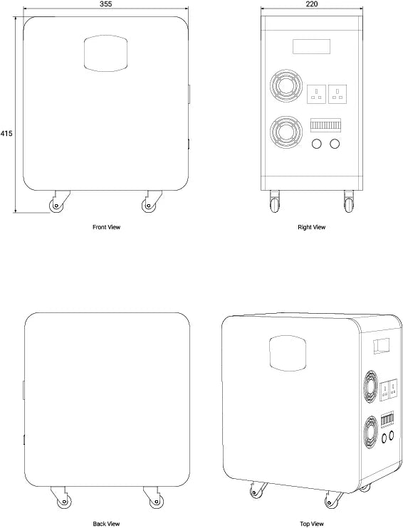 Technical drawing of the Zutto LifeGrid05 energy storage system, including front view, side view, and structural details, showing dimensions and interface layout.
