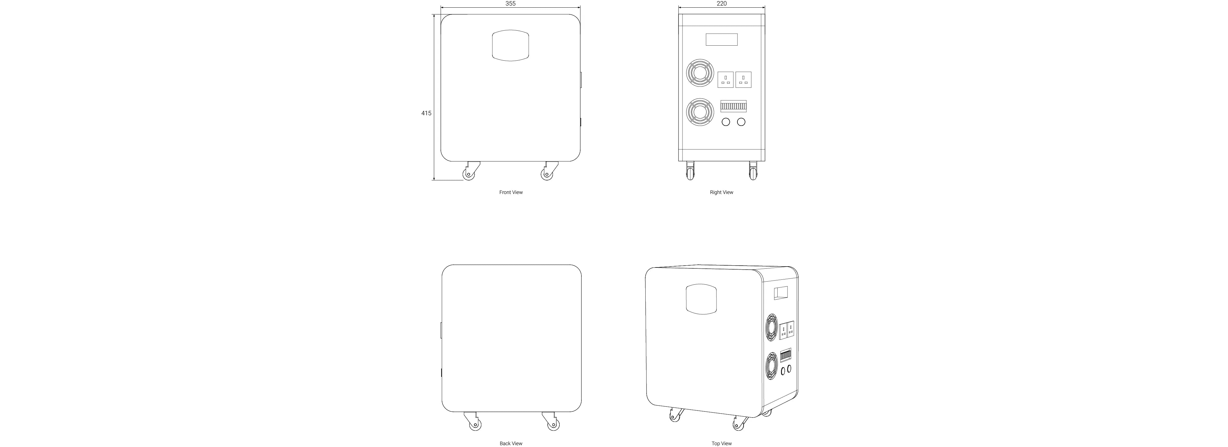 Technical drawing of the Zutto LifeGrid05 energy storage system, including front view, side view, and structural details, showing dimensions and interface layout.