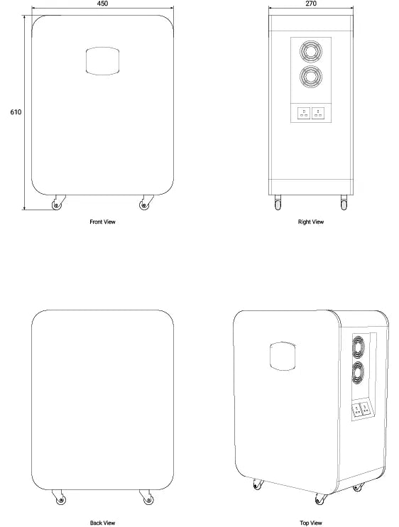Technical drawing of the Zutto LifeGrid06 energy storage system, including front view, side view, and structural details, showing dimensions and interface layout.