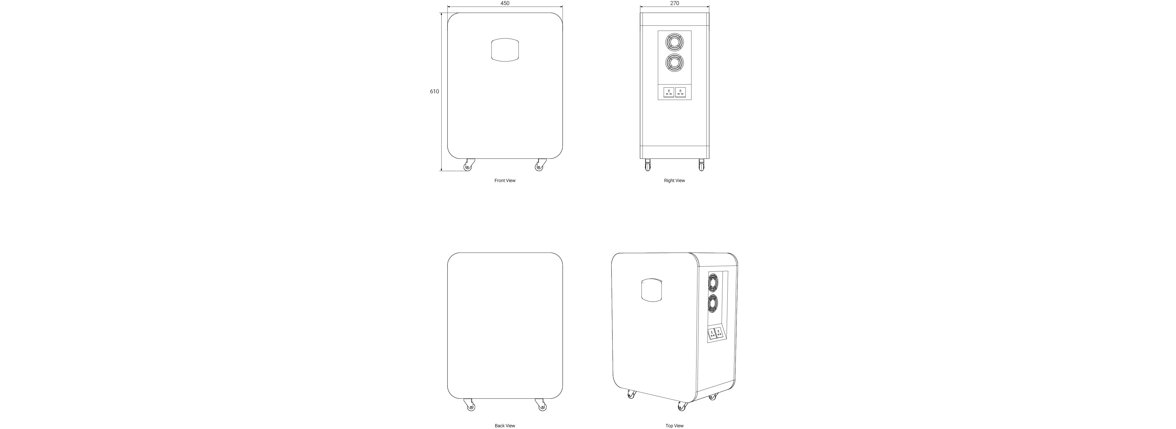 Technical drawing of the Zutto LifeGrid06 energy storage system, including front view, side view, and structural details, showing dimensions and interface layout.