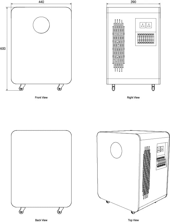 Technical drawing of the Zutto LifeGrid07 energy storage system, including front view, side view, and structural details, showing dimensions and interface layout.