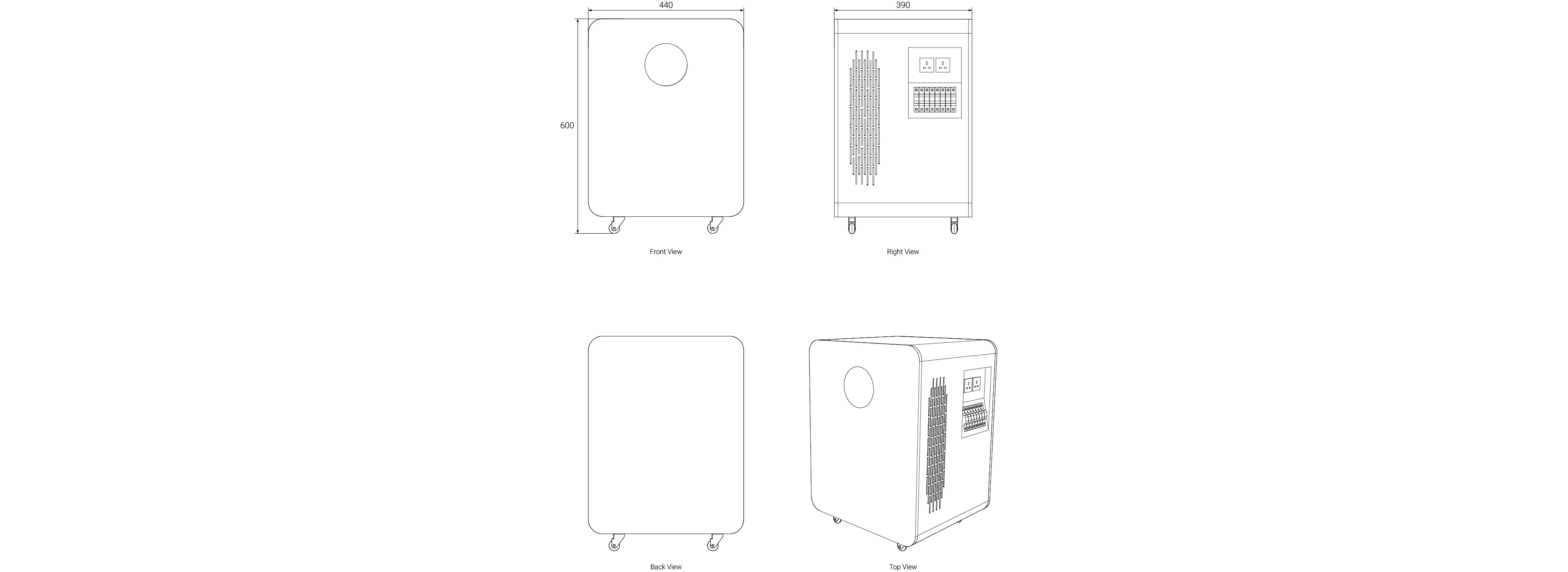 Technical drawing of the Zutto LifeGrid07 energy storage system, including front view, side view, and structural details, showing dimensions and interface layout.