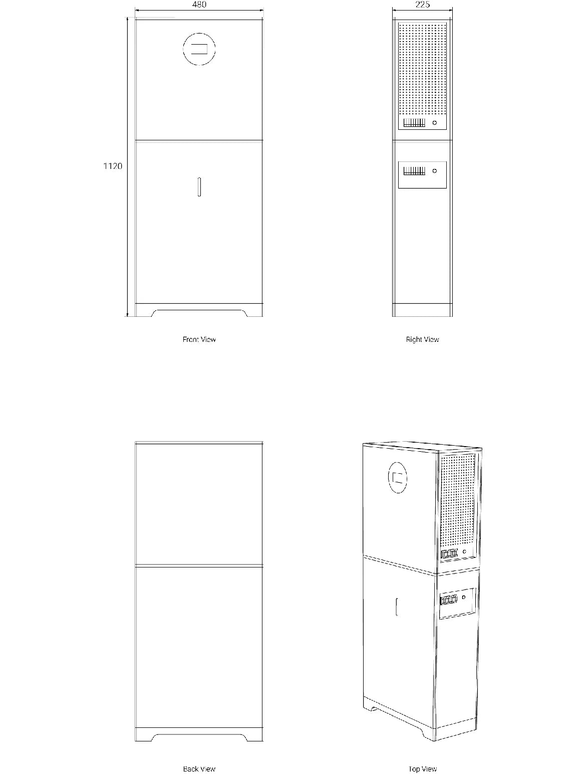 Technical drawing of the Zutto PowerCore06 energy storage system, including front view, side view, and structural details, showing dimensions and interface layout.