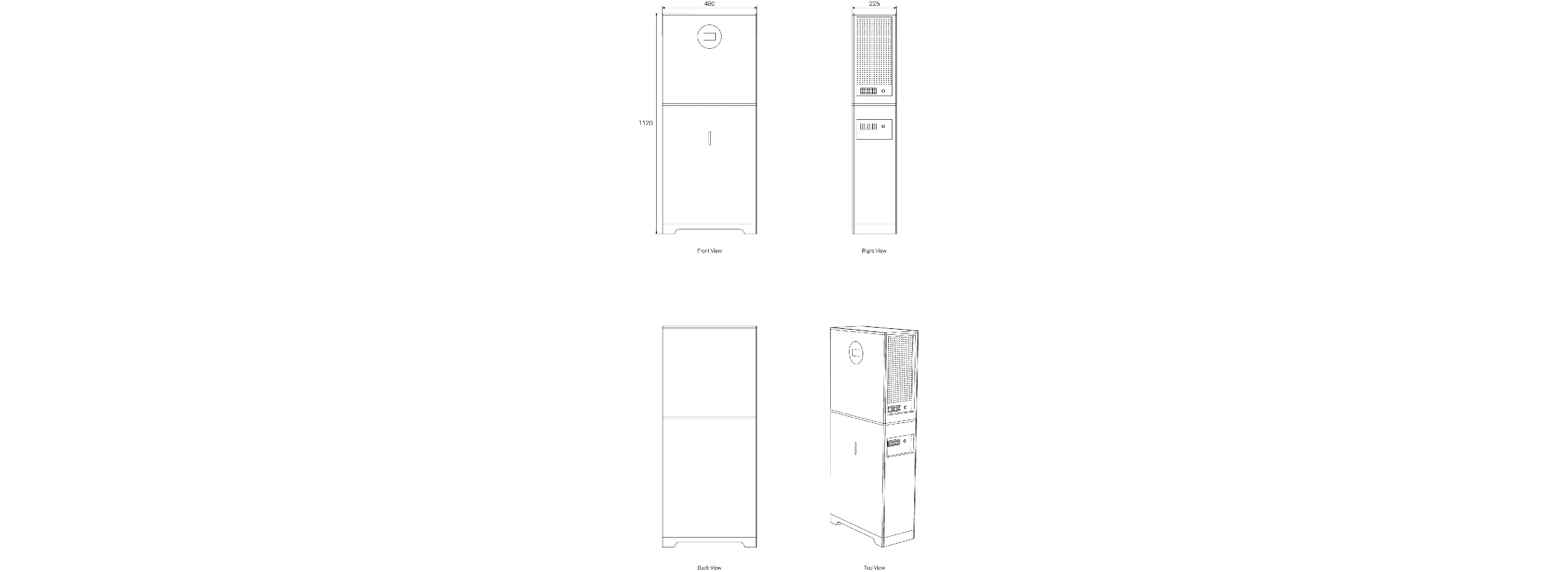 Technical drawing of the Zutto PowerCore06 energy storage system, including front view, side view, and structural details, showing dimensions and interface layout.